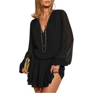 image:imageMakeMeChic Womens Deep V Neck Lantern Sleeve Mini Dress Ruffle Tiered Party Cocktail Short DressesBlack