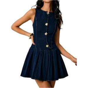 image:imageMakeMeChic Womens Denim Mini Dress Sleeveless A line Pleated Hem Metal Botton Short DressDark Wash