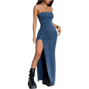 image:imageMakeMeChic Womens Denim Tube Dress Split Thigh Strapless Bandeau Bodycon Y2K Long DressesBlue