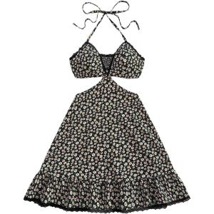image:imageMakeMeChic Womens Ditsy Floral Lace Trim Cut Out Halter Shirred A Line Mini DressMulticolor