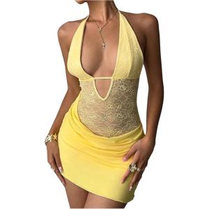 image:imageMakeMeChic Womens Floral Lace Halter Mini Dress Sheer Ruched Sleeveless Bodycon Y2K DressesYellow