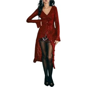 image:imageMakeMeChic Womens Floral Lace Long Cardigan V Neck Flared Sleeve Elegant Knitted OuterwearBurgundy