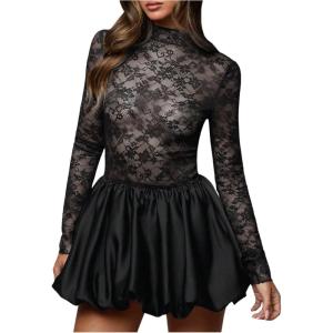image:imageMakeMeChic Womens Floral Lace Sheer Bubble Dress Mock Neck Long Sleeve A Line Party Mini DressesBlack