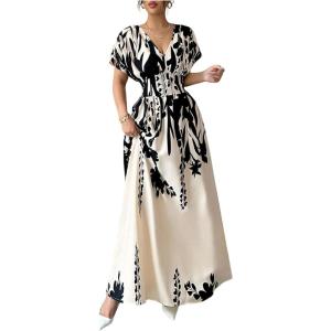 image:imageMakeMeChic Womens Floral Maxi Dress V Neck Short Sleeve Flowy Summer Business Casual Long DressesMulticolor
