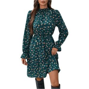 image:imageMakeMeChic Womens Floral Print Long Sleeve Mock Neck Shirred A Line Casual Short Mini DressDark Green