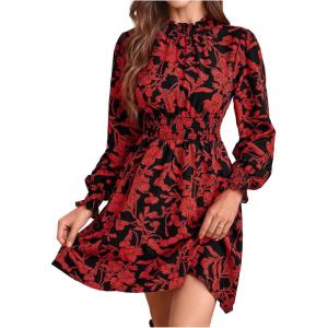 image:imageMakeMeChic Womens Floral Print Long Sleeve Mock Neck Shirred A Line Casual Short Mini DressRed