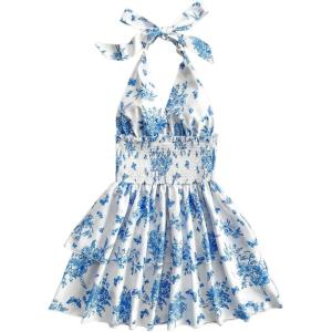 image:imageMakeMeChic Womens Floral Shirred Mini Dress Halter Ruffle Tiered Boho Summer DressesBlue and White