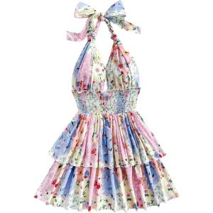 image:imageMakeMeChic Womens Floral Shirred Mini Dress Halter Ruffle Tiered Boho Summer DressesMulticolor