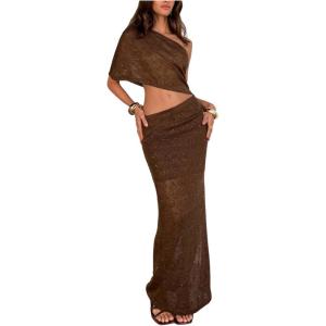 image:imageMakeMeChic Womens Glitter Bodycon Maxi Dress Cut Out Asymmetrical Neck Y2K Party DressesCoffee