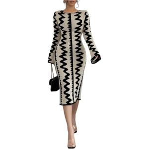 image:imageMakeMeChic Womens Graphic Long Sleeve Sweater Dress Bodycon Midi DressesApricot