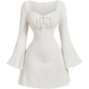 image:imageMakeMeChic Womens Knitted Bell Long Sleeve Mini Dress Short Sweater Corset DressWhite