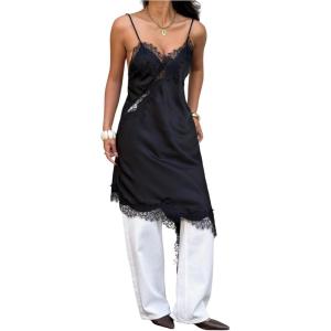 image:imageMakeMeChic Womens Lace Satin Asymmetrical Tops Spaghetti Strap Contrast Mini DressBlack