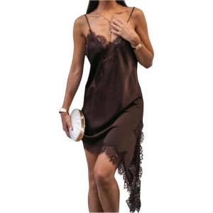 image:imageMakeMeChic Womens Lace Satin Asymmetrical Tops Spaghetti Strap Contrast Mini DressBrown