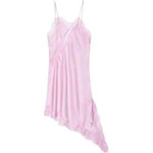 image:imageMakeMeChic Womens Lace Satin Asymmetrical Tops Spaghetti Strap Contrast Mini DressLight Pink