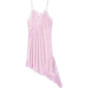 image:imageMakeMeChic Womens Lace Satin Asymmetrical Tops Spaghetti Strap Contrast Mini DressPink
