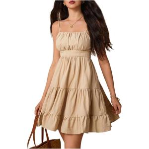 image:imageMakeMeChic Womens Mini Dresses Spaghetti Strap Ruffle A Line Layered Shirred Fall Wedding Guest DressesKhaki
