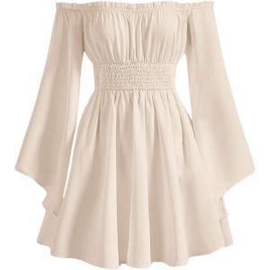 image:imageMakeMeChic Womens Off Shoulder Dress Baby Doll Bell Sleeve Shirred Flared A Line Mini Dresses