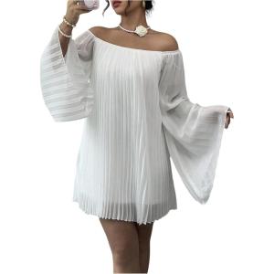 image:imageMakeMeChic Womens Off The Shoulder Bell Sleeve Tunic Dress Pleated Mini DressesWhite