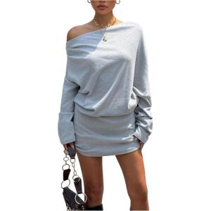 image:imageMakeMeChic Womens Off The Shoulder Dresses Long Sleeve Bodycon Fall Mini DressGrey