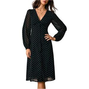 image:imageMakeMeChic Womens Polka Dots Dress V Neck Button Down Long Sleeve Chiffon Elegant Midi DressesBlack