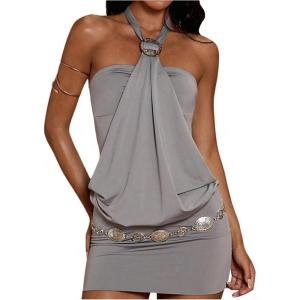 image:imageMakeMeChic Womens Ruffle Mini Dress Y2k Backless Sleeveless Western Going Out Halter DressesGrey