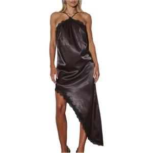 image:imageMakeMeChic Womens Satin Halter Dress Lace Asymmetrical Backless Cocktail Maxi DressesBlack