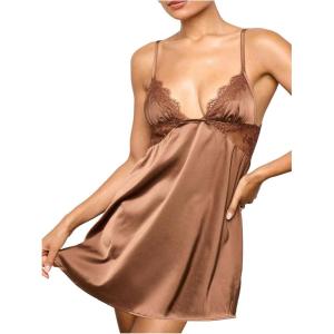 image:imageMakeMeChic Womens Satin Silk Nightgown Lace Trim Tie Back Babydoll Slip Dress SleepwearBrown