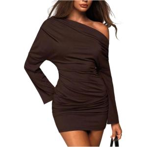 image:imageMakeMeChic Womens Spring Long Sleeve Mini Dress Asymmetrical Y2K Going Out Bodycon Short DressesCoffee Brown