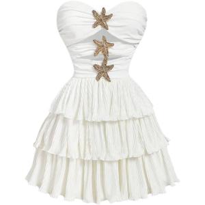image:imageMakeMeChic Womens Strapless Tube Dress Metal Starfish Cut Out Tiered Ruffle A Line Mini DressesWhite