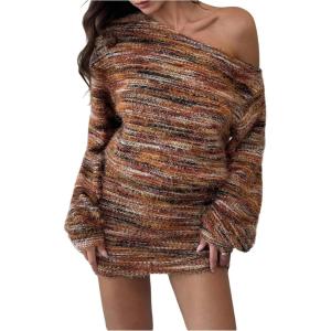image:imageMakeMeChic Womens Striped Mini Dress Long Sleeve Asymmetrical Neck Y2K Short DressesBrown