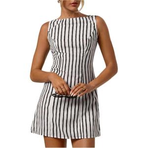 image:imageMakeMeChic Womens Striped Mini Dress Sleeveless Work Office Short Tank DressesBlack and White