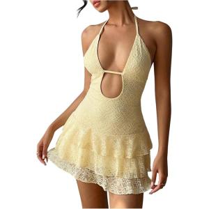 image:imageMakeMeChic Womens Summer Halter Cut Out Mini Dress Floral Lace Ruffle Tiered Boho SundressYellow