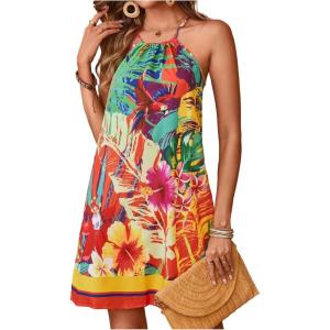 image:imageMakeMeChic Womens Tropical Floral Print Halter Vacation Dresses Sleeveless Tie Back Holiday Summer Mini DressMulticolor