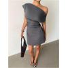 image:imageMakeMeChic Womens Asymmetrical Neck Ruched Mini Dress Short Sleeve Business DressesGrey