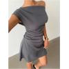 image:imageMakeMeChic Womens Asymmetrical Neck Ruched Mini Dress Short Sleeve Business DressesGrey