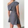 image:imageMakeMeChic Womens Asymmetrical Neck Ruched Mini Dress Short Sleeve Business DressesGrey