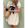 image:imageMakeMeChic Womens Floral Embroidery V Neck Dress Bow Puff Sleeve Summer Short DressesApricot