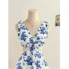 image:imageMakeMeChic Womens Floral Frill Trim V Neck Cut Out Sleeveless Bow Knot Summer Mini DressBlue and White