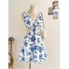 image:imageMakeMeChic Womens Floral Frill Trim V Neck Cut Out Sleeveless Bow Knot Summer Mini DressBlue and White