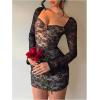 image:imageMakeMeChic Womens Floral Lace Mini Dress Long Sleeve Sweetheart Neck Y2K Short Bodycon DressesBlack
