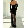 image:imageMakeMeChic Womens Lace Maxi Dress Off The Shoulder Long Sleeve Elegant Bodycon Cocktail DressesBlack