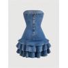 image:imageMakeMeChic Womens Layered Ruffle Denim Mini Dress Strapless Bandeau Bow Jean DressesBlue