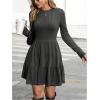 image:imageMakeMeChic Womens Long Sleeve A Line Dress Round Neck Flared Hem Rib Knitted Mini DressDark Grey