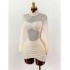 image:imageMakeMeChic Womens Mesh Mock Neck Mini Dress Ruched Wrap Long Sleeve Bodycon Party DressesApricot
