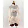 image:imageMakeMeChic Womens Mesh Mock Neck Mini Dress Ruched Wrap Long Sleeve Bodycon Party DressesApricot