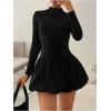 image:imageMakeMeChic Womens Mock Neck Ruffle Flared Hem Long Sleeve Slim Fit A Line Short DressBlack