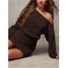 image:imageMakeMeChic Womens Off The Shoulder Dress Ruched Long Sleeve Party Bodycon Mini DressesCoffee Brown