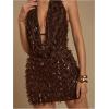 image:imageMakeMeChic Womens Sequin Sparkly Halter Dress Low Cut Open Back Draped Fringe Party DressesBrown