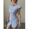 image:imageMakeMeChic Womens Striped Button Down Shirt Dresses Ruffle Short Sleeve Collared Mini DressBlue White