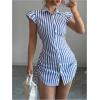 image:imageMakeMeChic Womens Striped Button Down Shirt Dresses Ruffle Short Sleeve Collared Mini DressBlue White